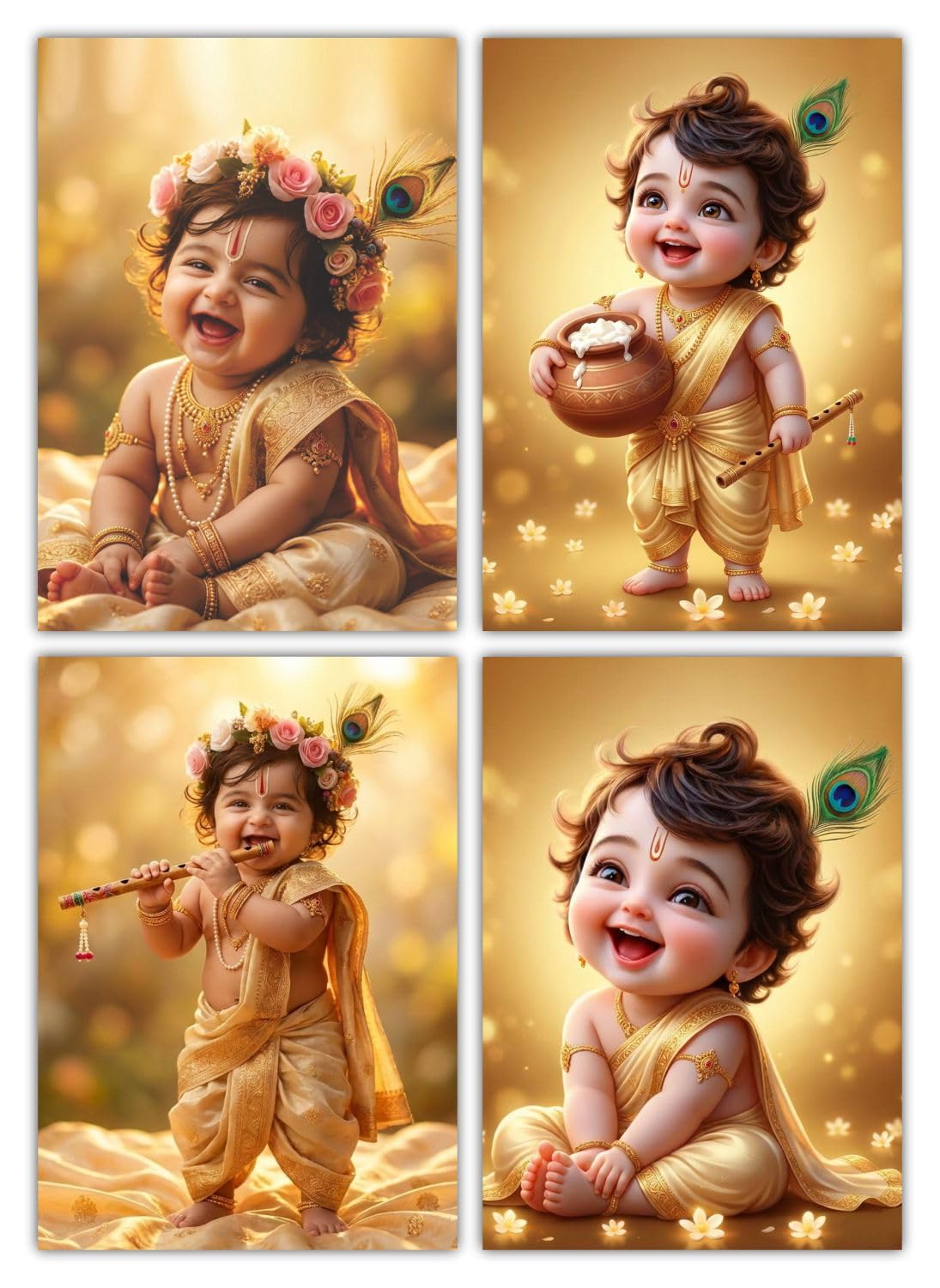 Pure Filter Baby Krishna Wall Art Poster For Pregnant Women Golden Theme Laddu Gopal Art Print, Spiritual Hindu Devotional Decor, Multicolour Set of 4 (F)-image-12