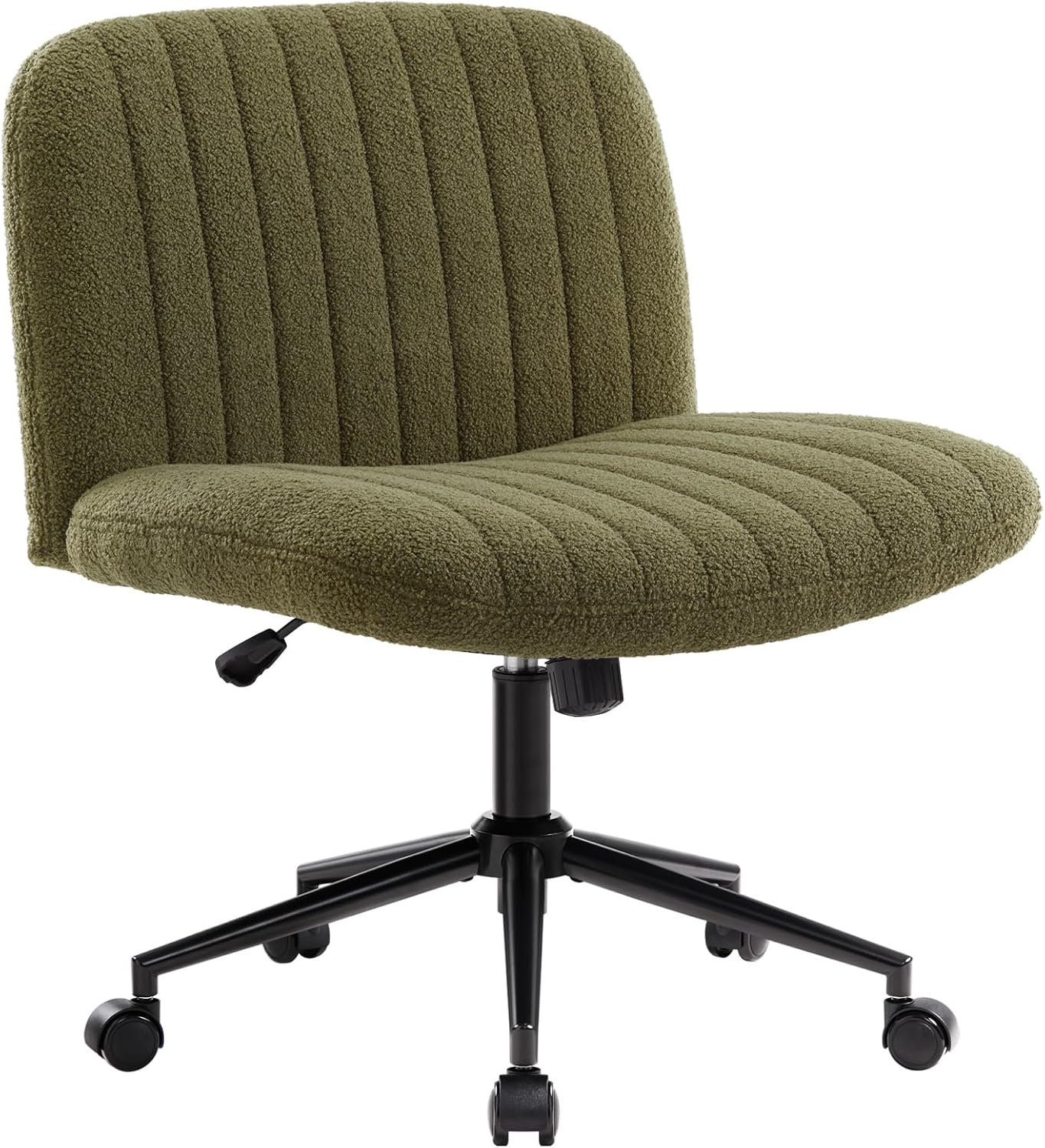 IWMH Armless Wide Seat Office Chair,Criss Cross Legged Desk Chair with Wheels,Height Adjustable Computer Task Chair,Wide Seat Swivel Vanity Chair for Home,Office,Bedroom, Make Up, Teddy Fabric, Green Teddy Green With Wheels