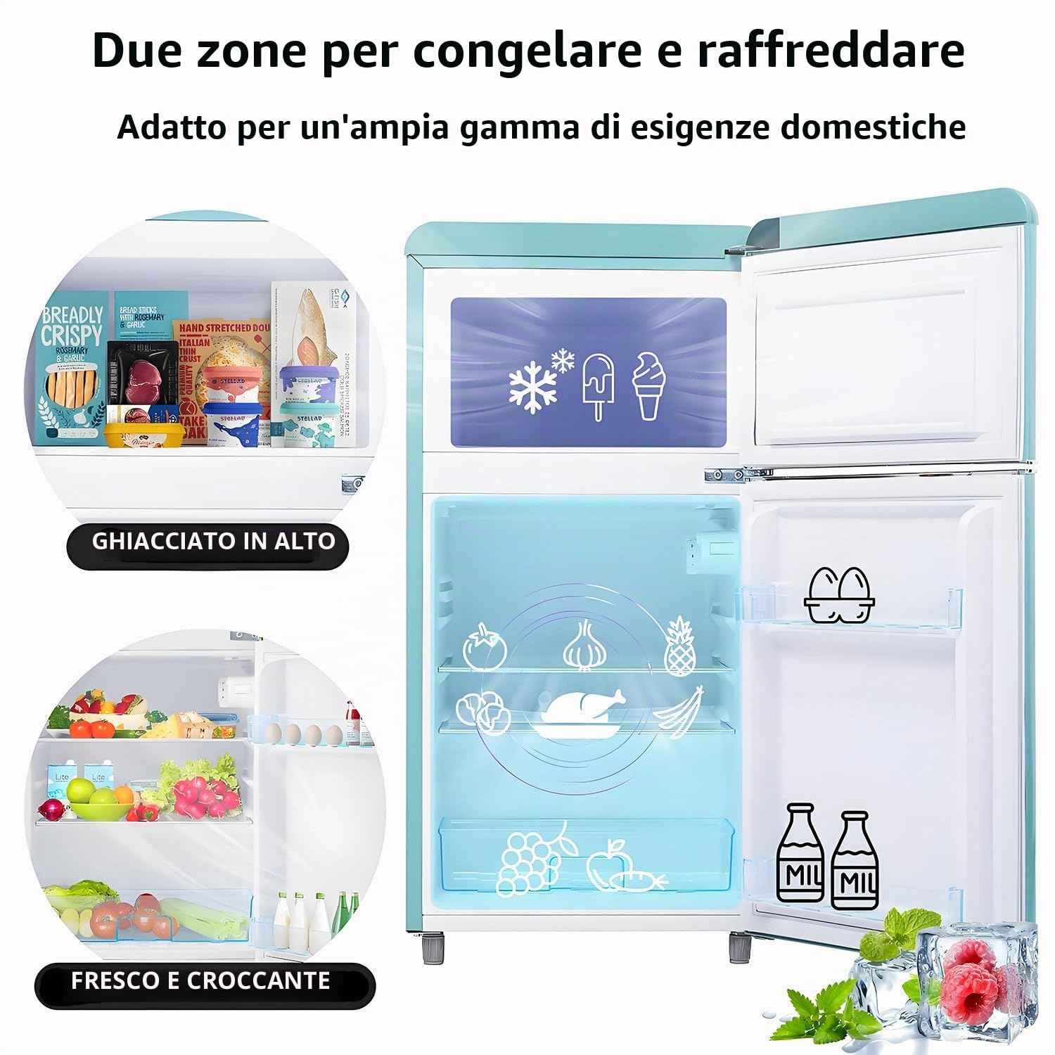 Combinazione frigorifero-congelatore retrò: due porte, altezza 86,8 cm, larghezza 45,5 cm, piccolo frigorifero, volume totale 60 litri, silenzioso, 120 kWh/anno,Blue