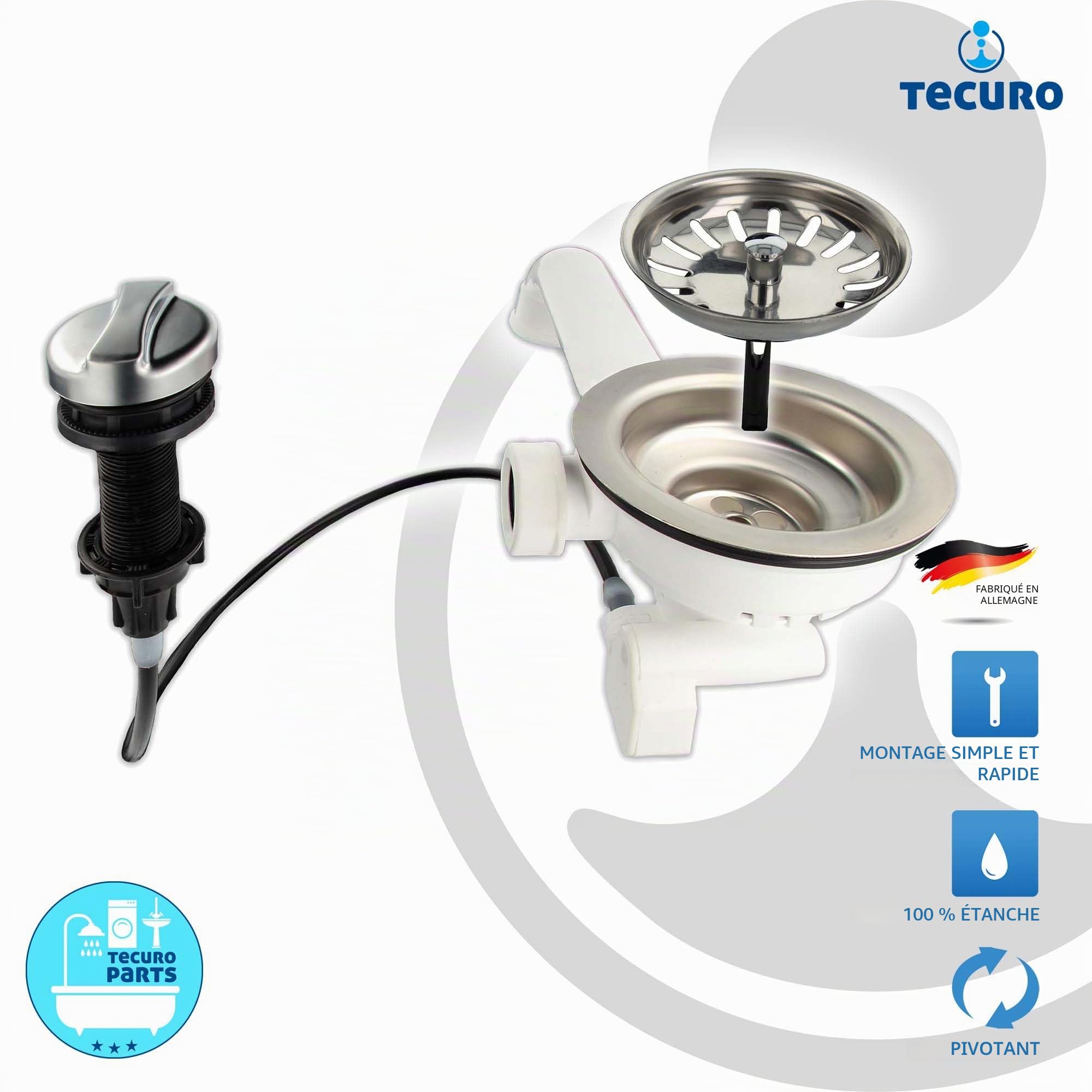 tecuro Bonde pour évier avec tamis 3 1/2'' - diamètre 114 mm - avec câble et commande rotative, Acier inoxydable
