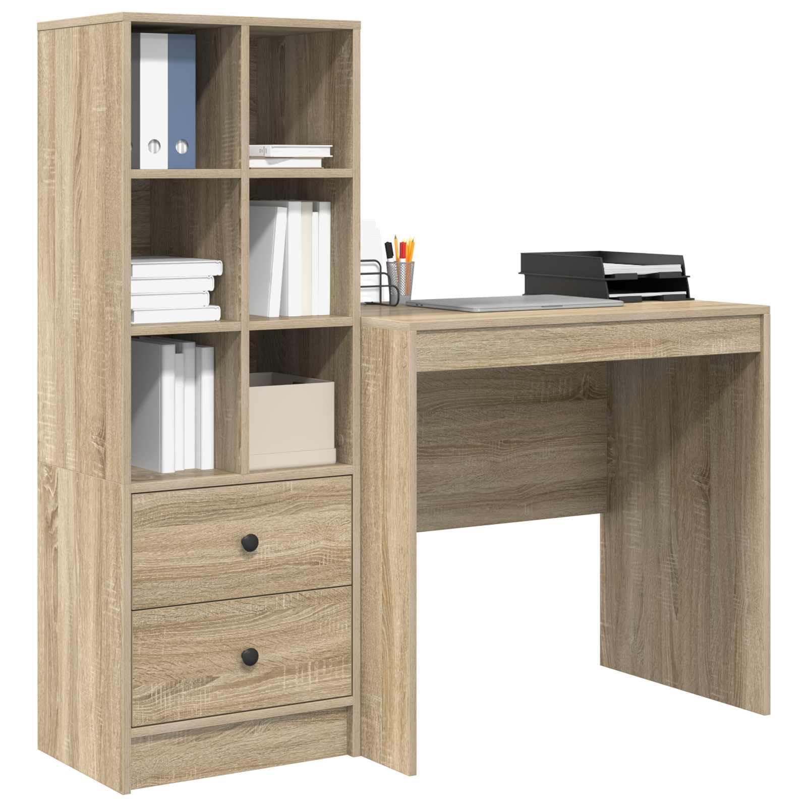 Schreibtisch mit Schubladen und Regal Sonoma-Eiche Holzwerkstoff, 125,5 x 50 x 127 cm, 2-teiliges Set, Stauraum mit Ablage und Brettregalen, ideal für Büro, Homeoffice, Arbeitszimmer