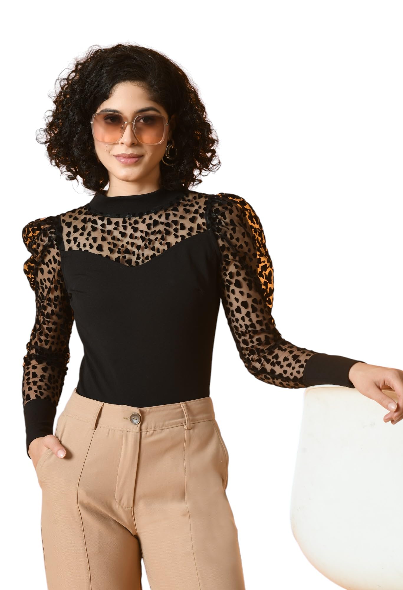Women's Women Black High Neck Top with Animal Print Sheer Sleeves-image-12