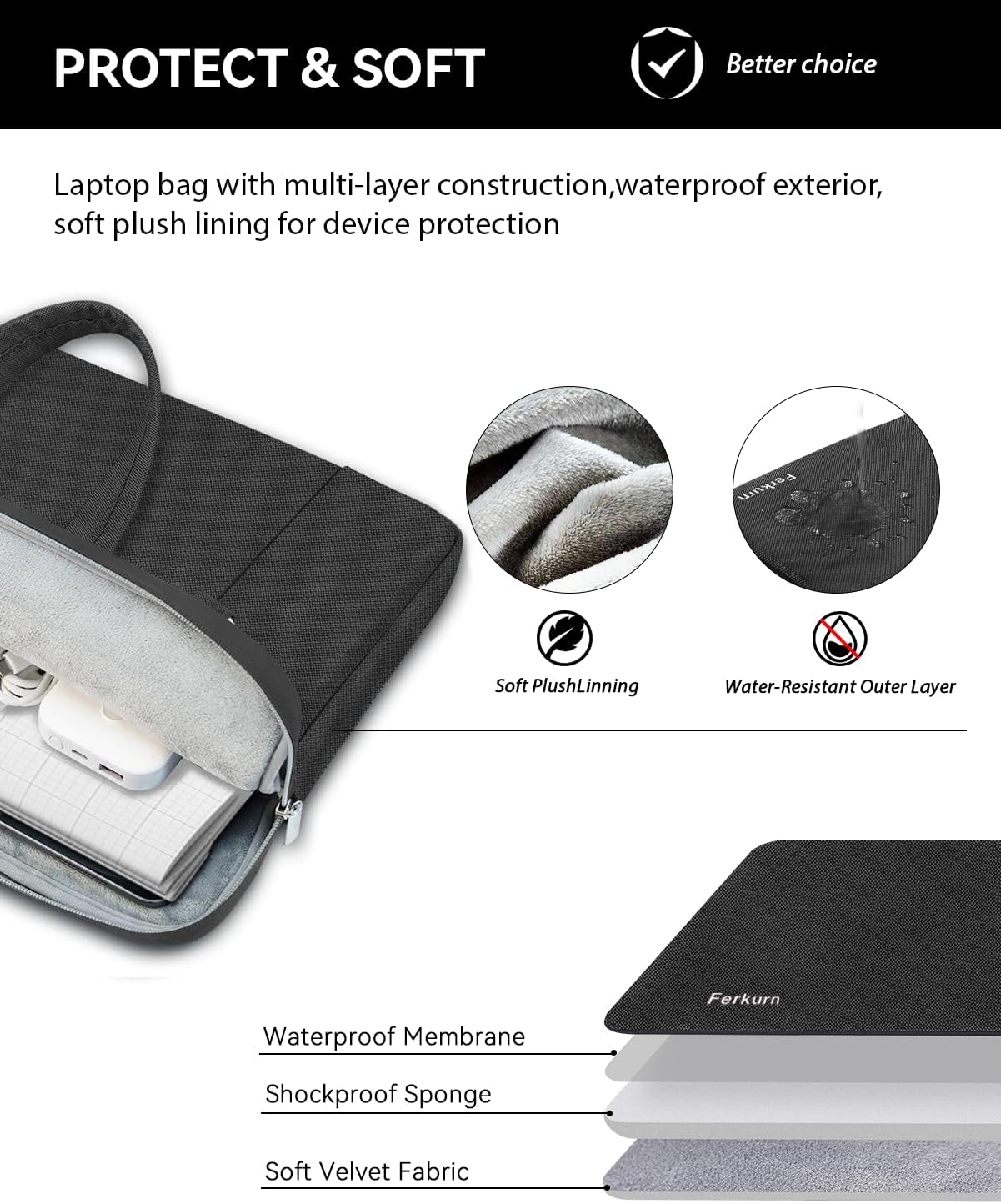 Ferkurn Laptop Case Bag 17 17.3 inch Women Men Computer Sleeve with Shoulder Strap Compatible with HP Envy Pavilion/Dell Inspiron/Thinkpad/Vivobook/MSI/Acer,Waterproof Briefcase with Handle,Black - Image 5