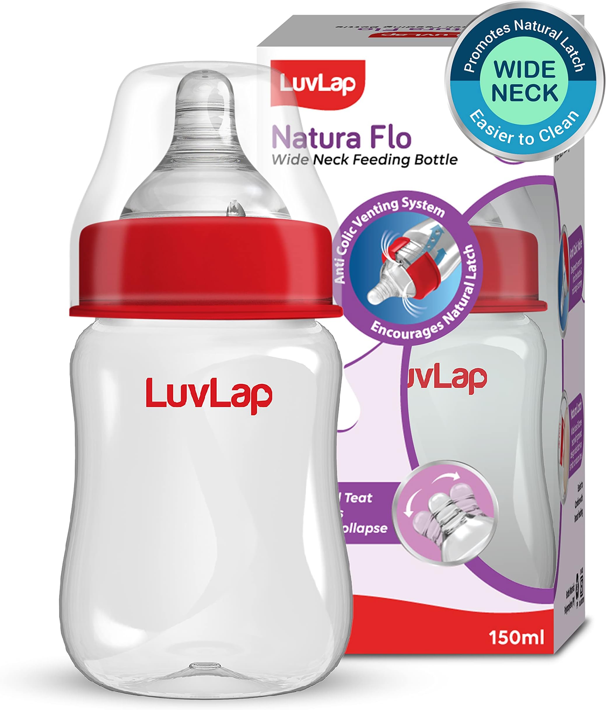 Luv Lap Anti-Colic Wide Neck Natura Flo Baby Feeding Bottle, 150ml