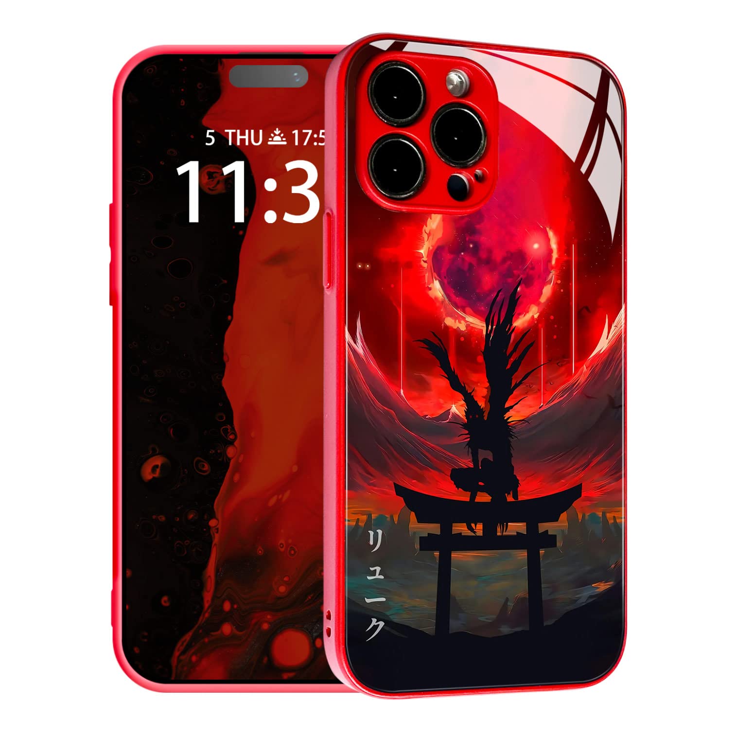 HEMINJYJEF Japanese Anime Anti-Drop Color Soft Silicone Protective Shell Manga Pattern Tempered Glass Covers Multicolor Phone Cases (Metal Red, Ryuk