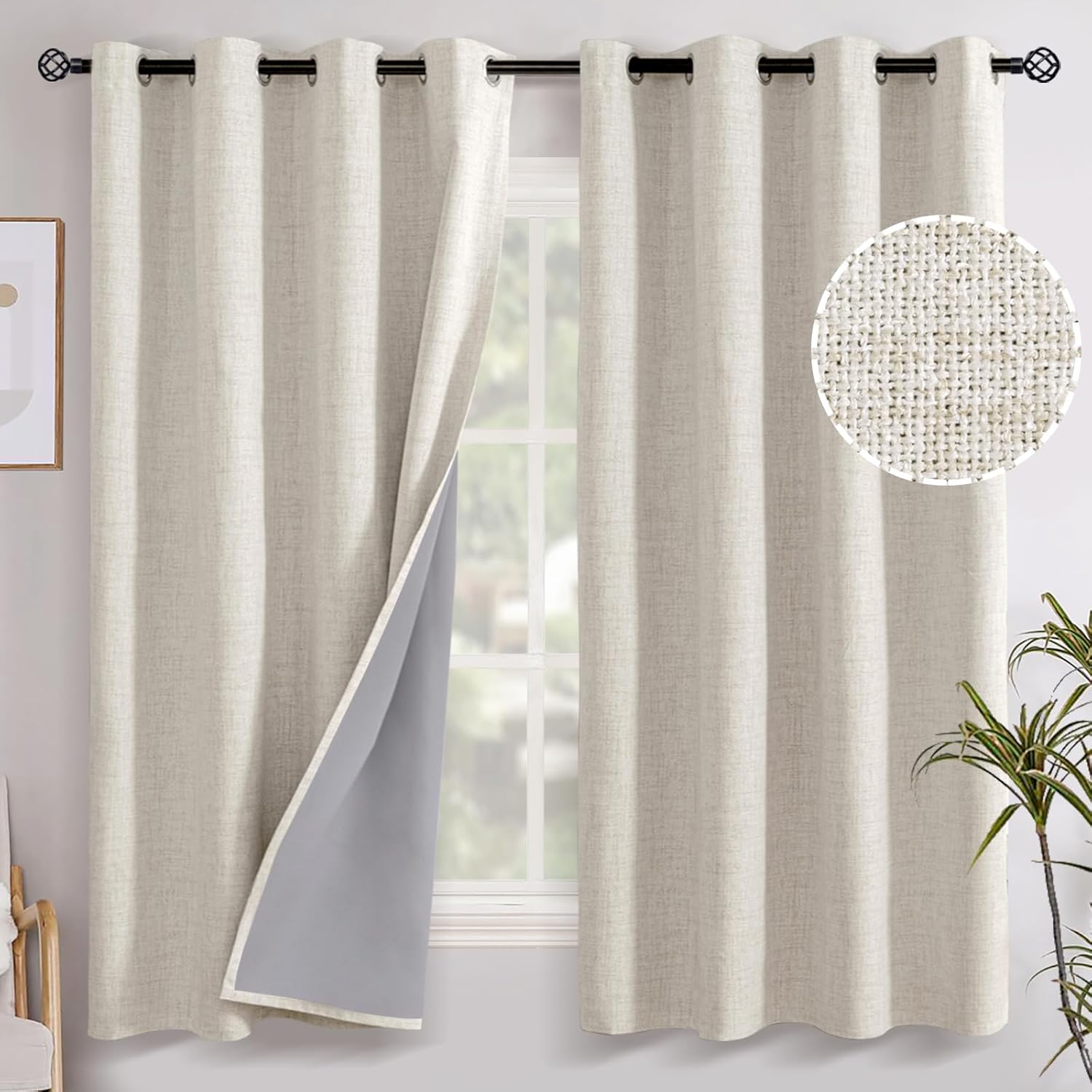 YoungsTex Linen 100% Blackout Curtains 63 Inch Length 2 Panels for Bedroom, Thermal Insulated Winter Drapes with Grommet Darkening Energy Saving for Farmhouse Living Room, 52 X 63 Inch 52"W x 63"L (Pack of 2) Linen