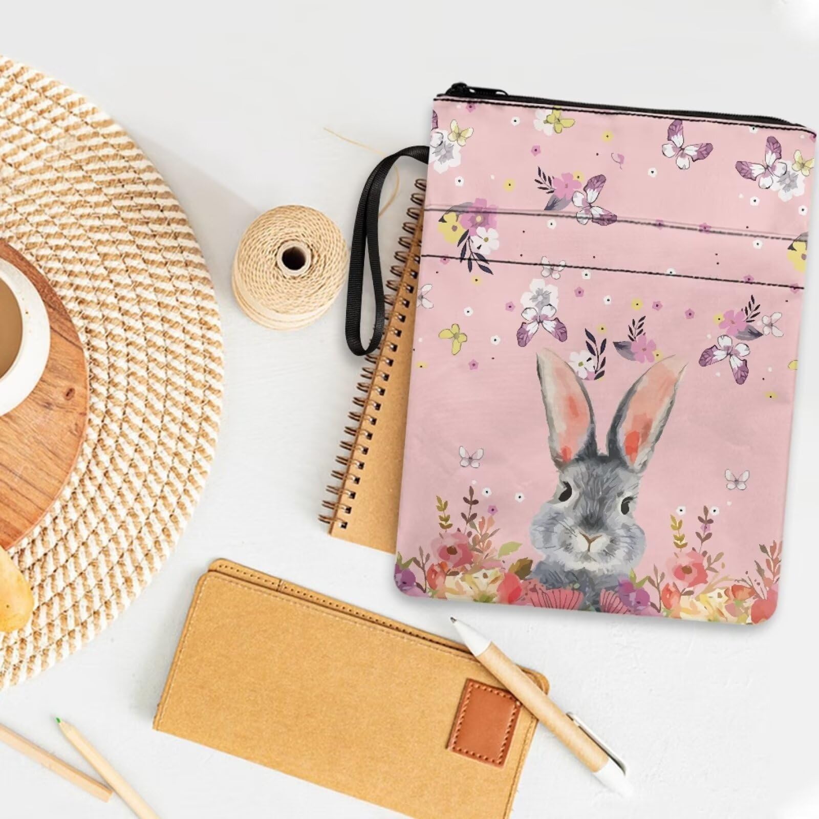 COEQINE Rabbit Floral Book Sleeves Bunny Book Pouch Pink Book Lovers Gifts Book Protector Bookish Gift Librarian Gifts Book Covers Book Club Gifts for Teacher Student Roommates Reading Accessories - Image 3
