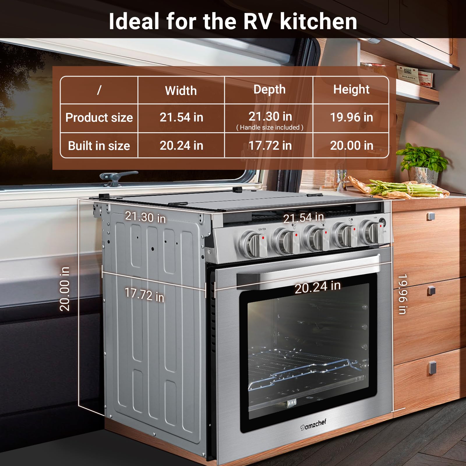 AMZCHEF RV Gas Range 21 Inches Tall,1.77 Cu.Ft Propane Range Oven with 3 Burners Stove for RV, Apartment, Mobile Home, Stainless Steel.