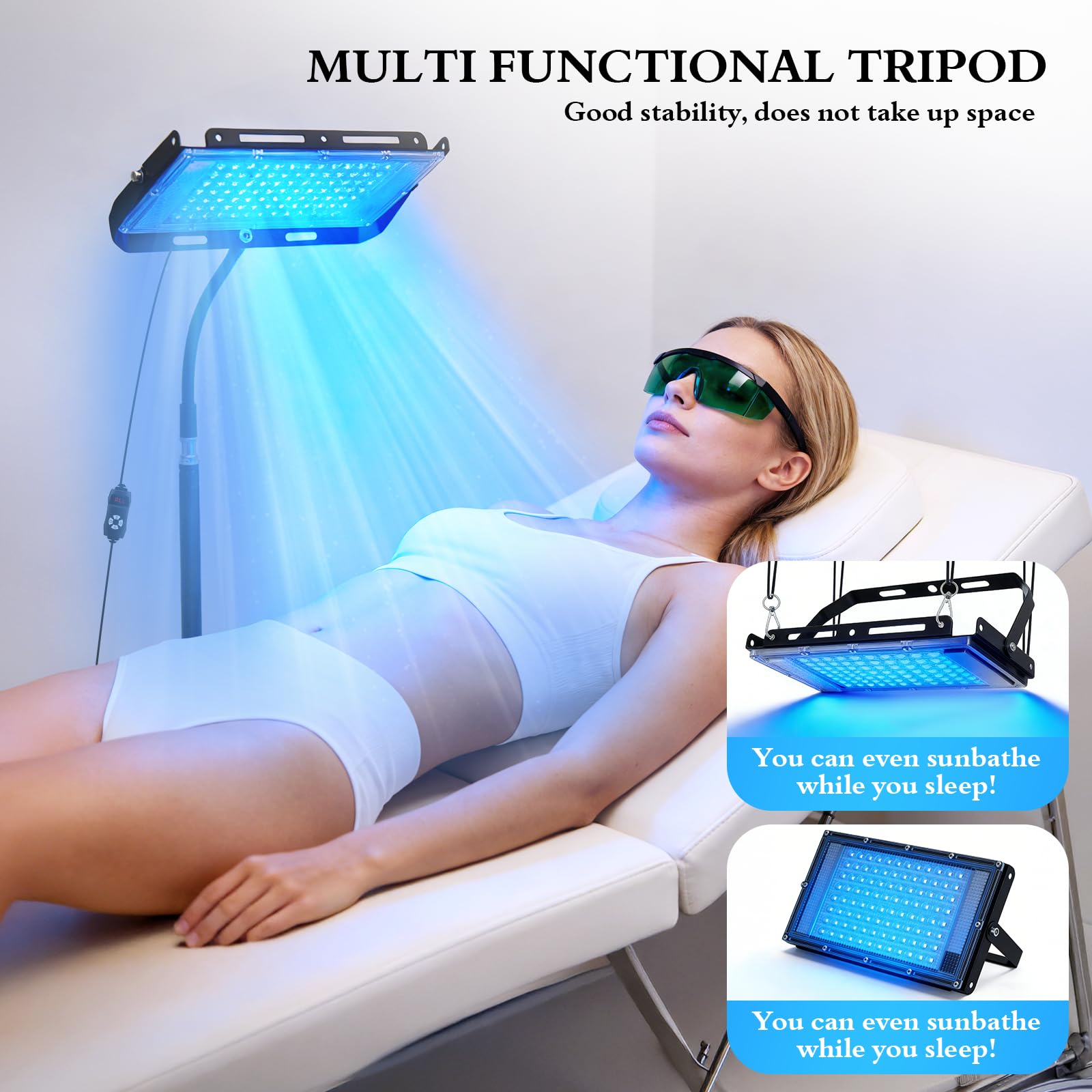 Lámpara de Bronceado 460nm 50W, Solarium para el Hogar con 5 Niveles de Luminosidad y 4 Temporizadores, 225 LEDs, Altura y Ángulo Ajustables, lámpara de bronceado para Rostro y Cuerpo