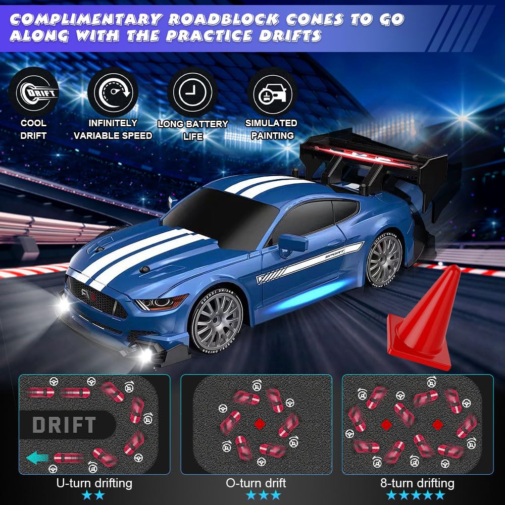 KUWUNG RC Drift Car, 1:24 Remote Control Cars with Cool LED Lighting, 2.4 GHz Rechargeable Mini RC Drift Car, 30km/h, 4WD Toy Vehicle Gift for Kids and Adults (Blue) - Image 3