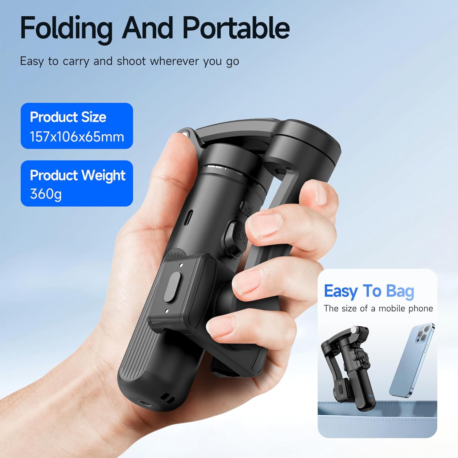 Image of the folded gimbal next to a smartphone, showing its compact size.