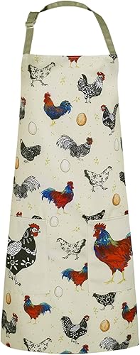 RosieLily Delantal de gallo lindo delantal de pollo para mujer, color beige con bolsillos para cocinar, hornear, jardinería, regalos