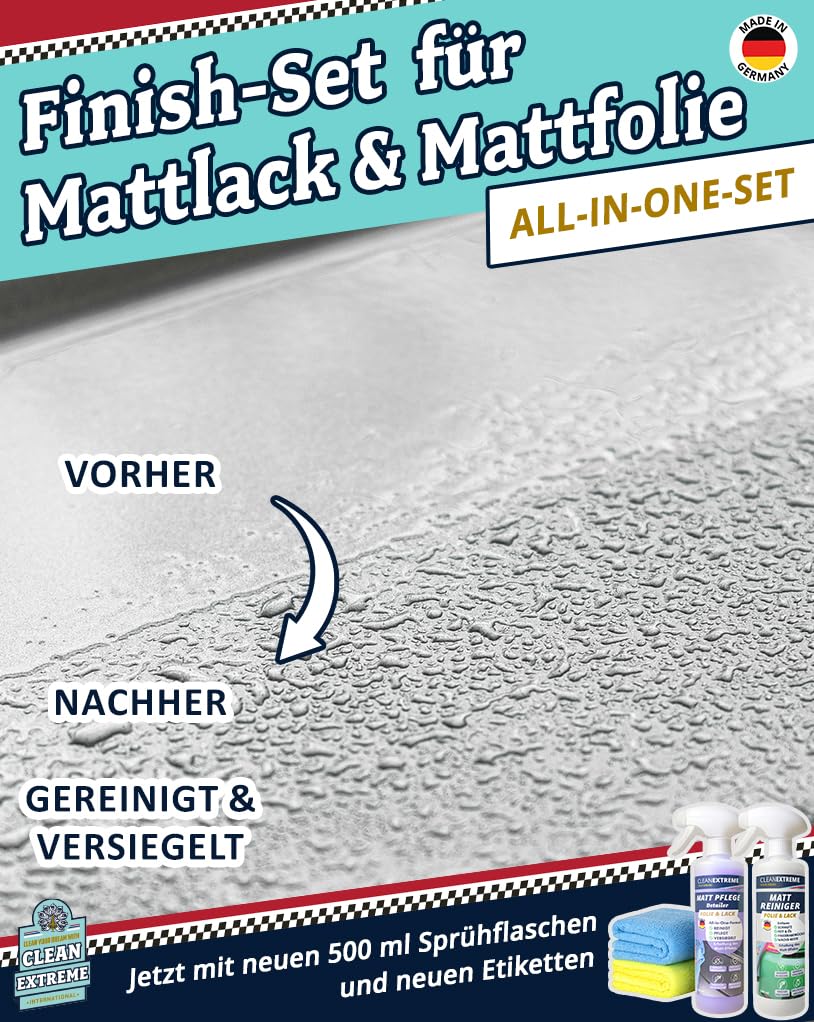 500ml Auto Mattlack Pflege + 500ml Mattlack Intensiv Reiniger + 2 Mikrofasertücher | Finish Set | Zum Reinigen Pflegen Versiegeln von Autolack matt & Matt-Folie