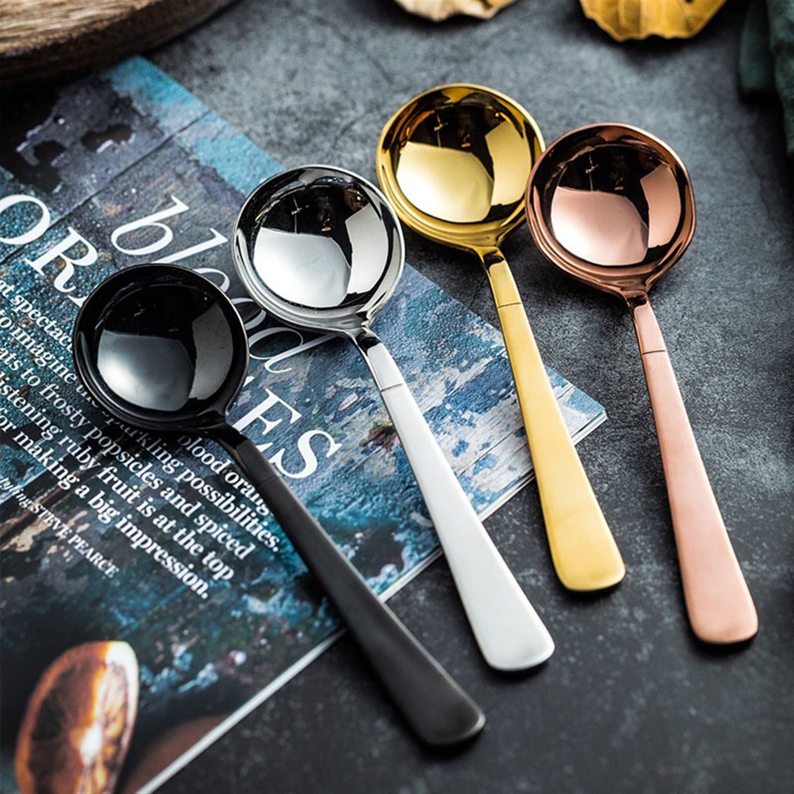 Cuillère à Soupe 2 pièces Cuillère Ronde Cuillère à Dessert Cuillère en Acier Inoxydable 304 épaissie de Haute qualité Cuillère à dîner(Gray)