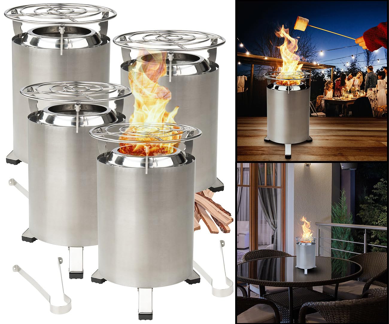 Carlo Milano ognisko stołowe na zewnątrz: zestaw 4 sztuk Zewnętrzny stół i palenisko na podłogę, niskopopielny, Mini-grill do grillowania przekąsek (miejsce ognisko kempingowe)