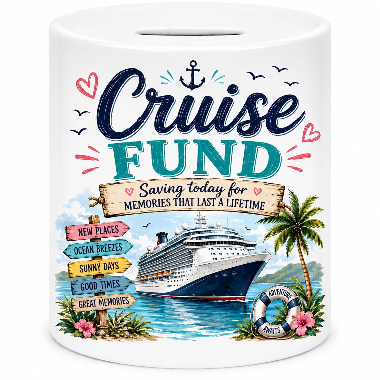 Vacso Trading White Cruise Fund Money Box – Cruise Holiday Savings Ceramic Piggy Bank – Saving Today For Memories That Last A Lifetime – Travel Fund Coin Bank – Cruise Lover Gift