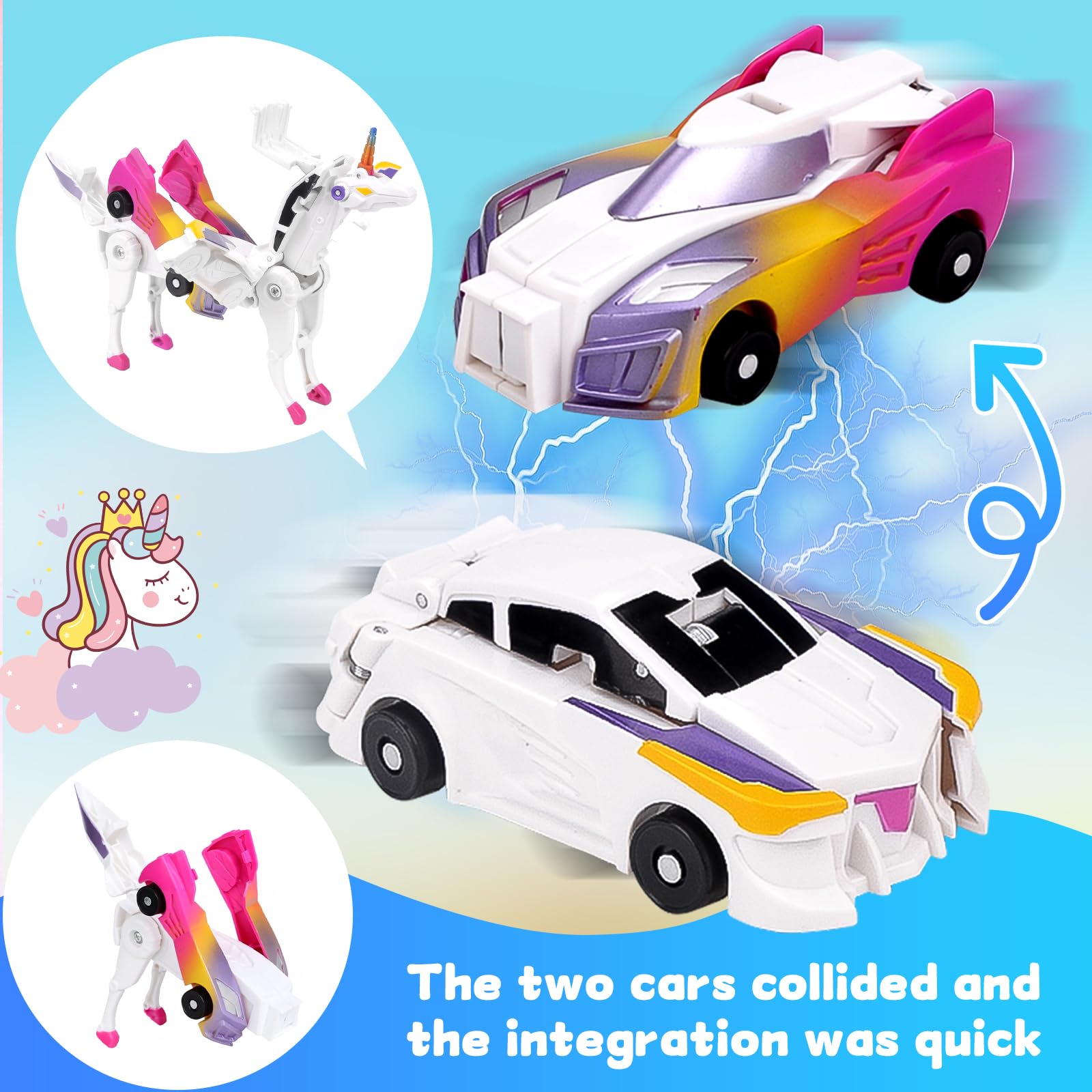 Pipihome Unicorni Robot Trasformatore, Giocattolo Combinato per Auto con Deformazione da Collisione, Anti-Collisione (Pink)