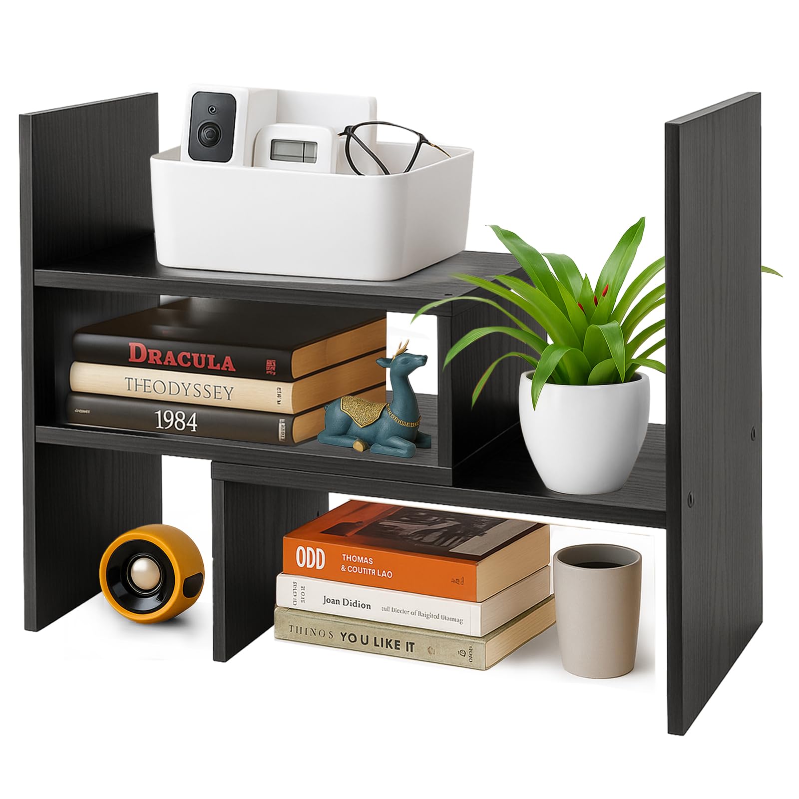 Toemics Adjustable Desktop Bookshelf Expandable Wooden Desk Organiser, Small Desktop Storage Rack for Books, Office Supplies, Space-Saving Bookcase for Home Office (Black)