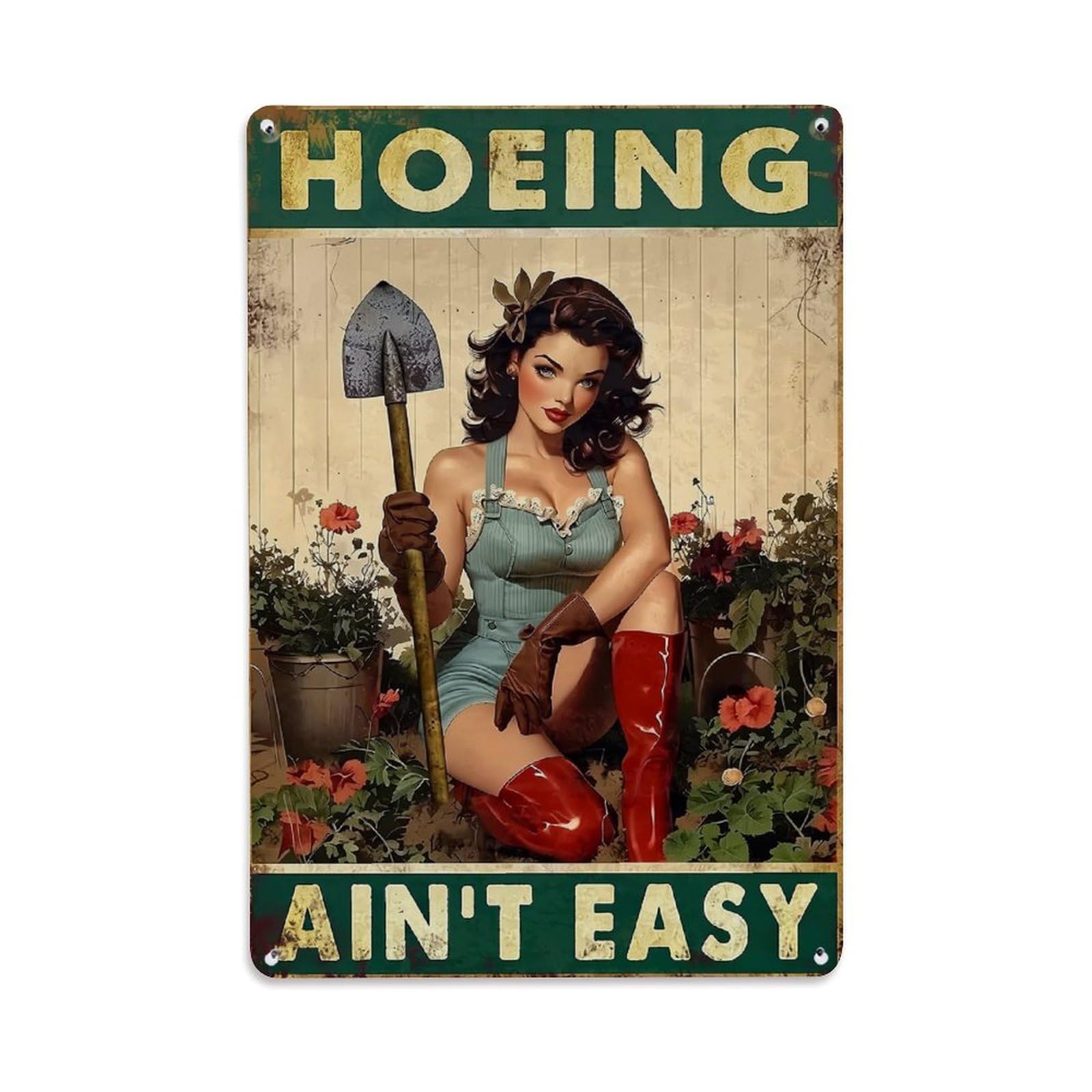 Jdfenggu Vintage Hoeing Ain't Easy Pinup Garden Retro Metal Tin Sign, Decor Art Poster For Bar, Home, Man Cave, Kitchen, Laundry Room Gift 8X12inch