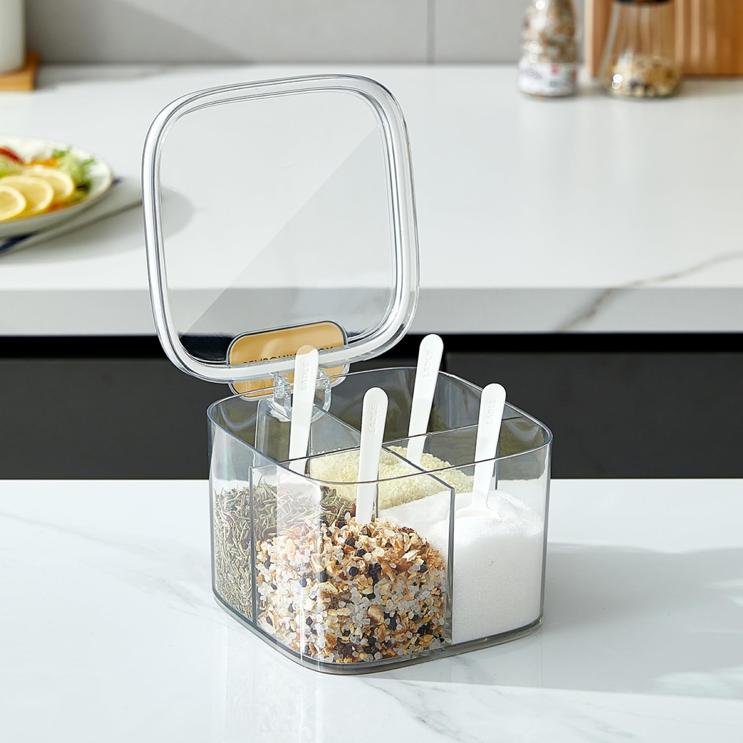 4-Compartment Spice Jar with Lid and Spoons, Clear Plastic Seasoning Pot, 4-Grid Spice Organizer, Condiments Jar with Spoons and Air Tight Cover, Kitchen Organizer.