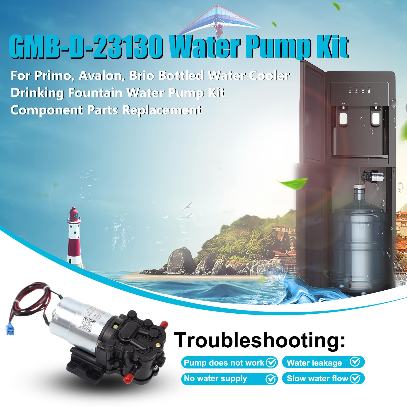 GMB-D-23130 Wasserpumpe, DC 12V, 0,32 GPM, kompatible Primo Wasserspenderteile, Avalon Wasserspenderteile, Brio Flasche Wasserkühler Wasserspender Teile Ersatz