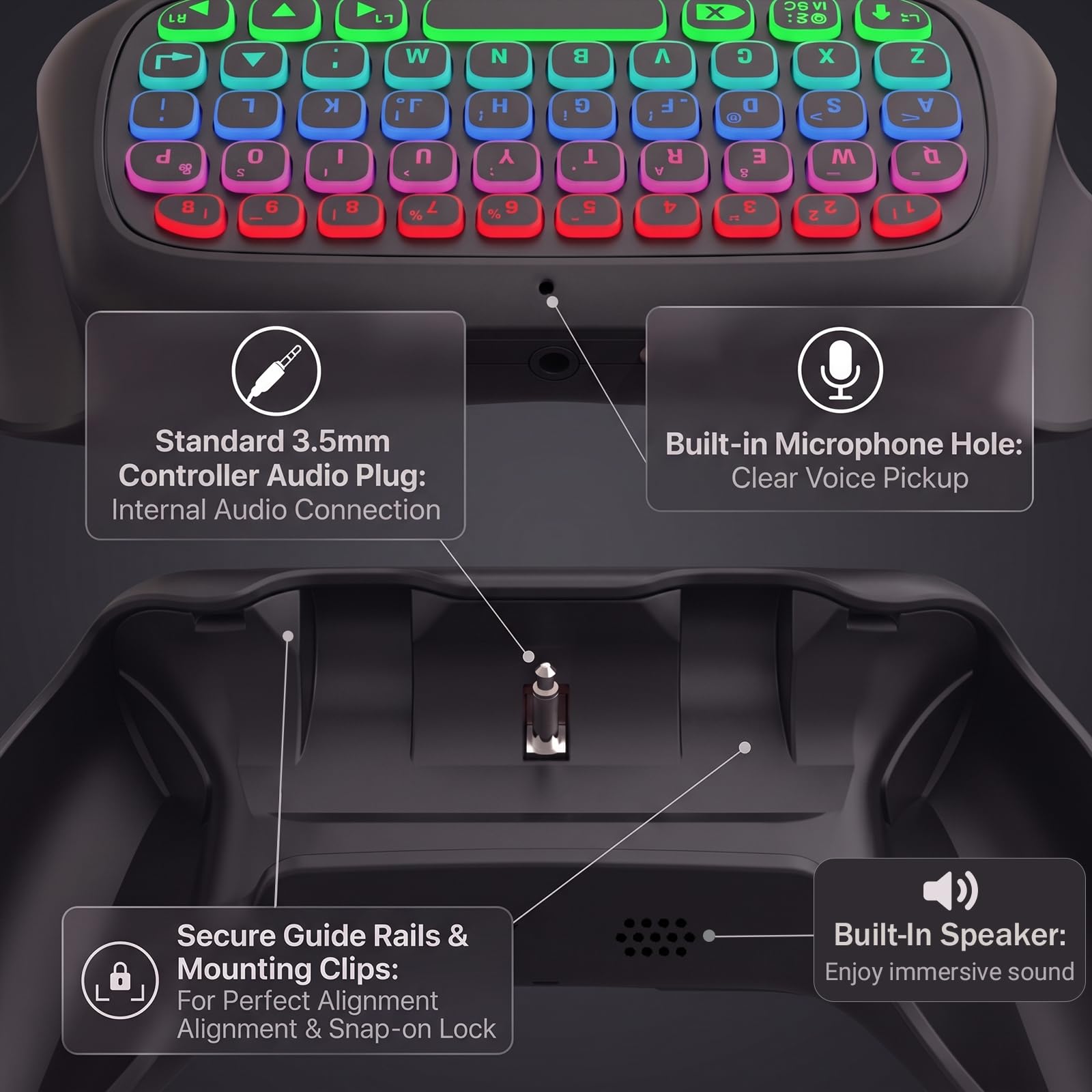 Megadream per PS5 Controller Keyboard, Bluetooth Chatpad 47 tasti tastiera per PS5 DualSense Controller DualSense Edge Controller, luce RGB, altoparlante integrato, jack audio da 3,5 mm, nero