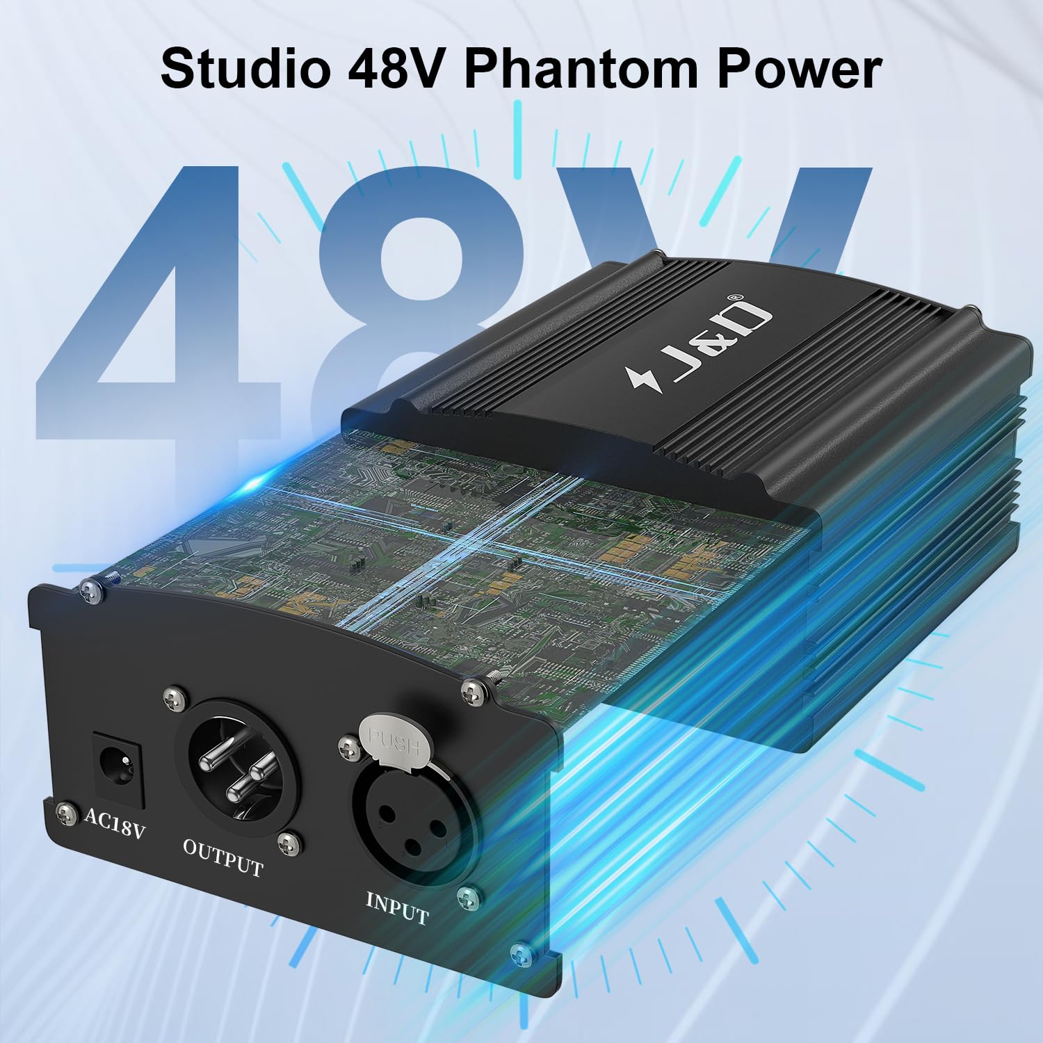 J&D Fuente de Alimentación Phantom 48V, Diseño de 1 Canal con Adaptador, Compatible con Todos los Micrófonos de Condensador, Ideal para Grabación Musical Profesional y Uso en Estudio, Negro