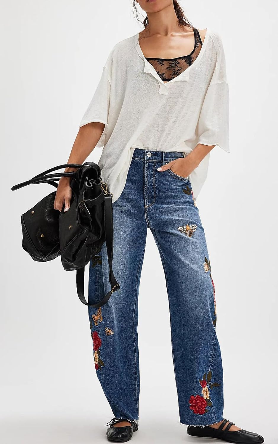loveimgs Women Y2k Baggy Jeans Wide Leg Embroidered Denim Pants Mid Rise Barrel Jeans Boyfriend Ankle Sweatpants Pockets