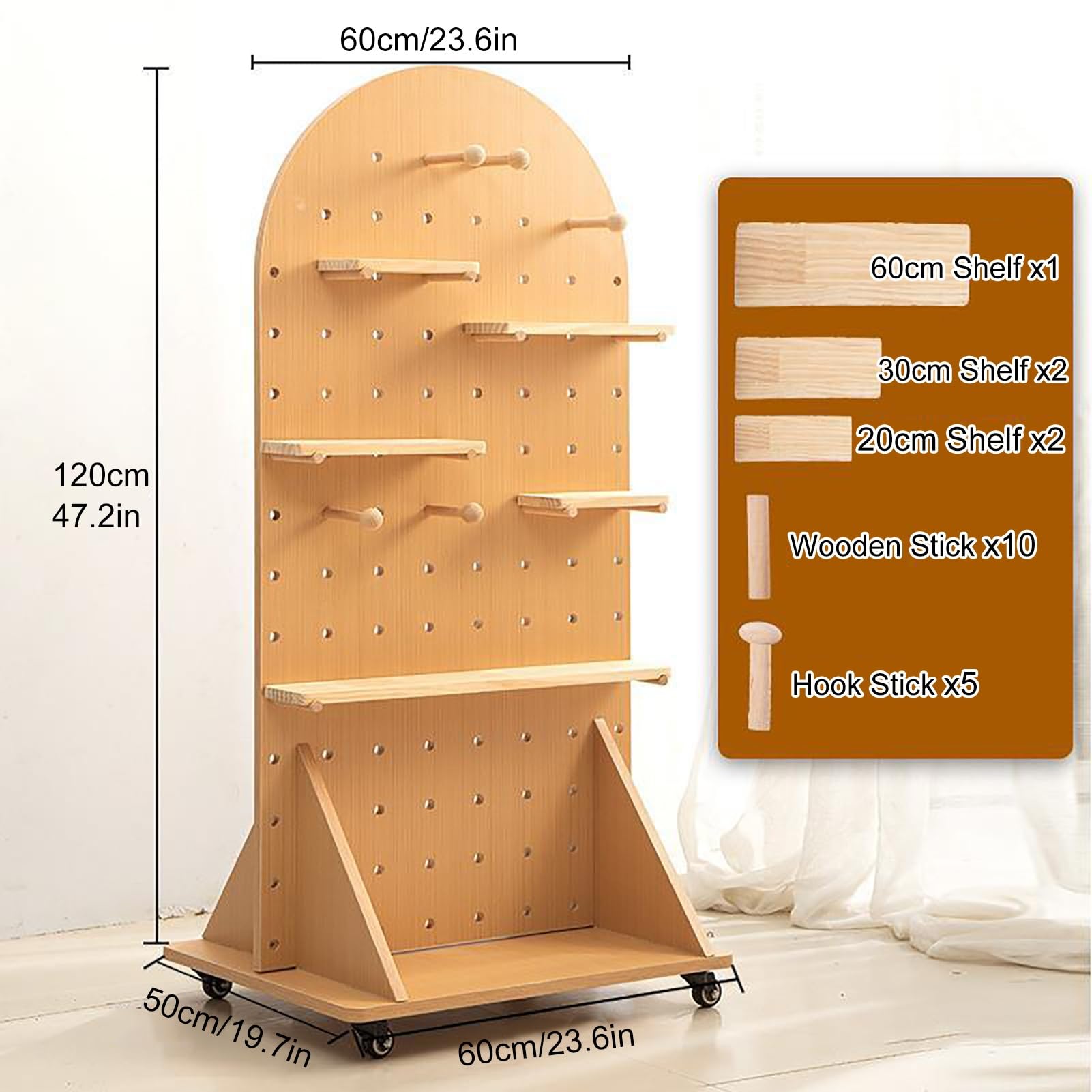 Kit de tablero de clavijas de madera móvil con ruedas, 23.6 x 47.2 pulgadas para sala de manualidades y bricolaje, versátil Sto Solut, fácil montaje y visualización personalizable