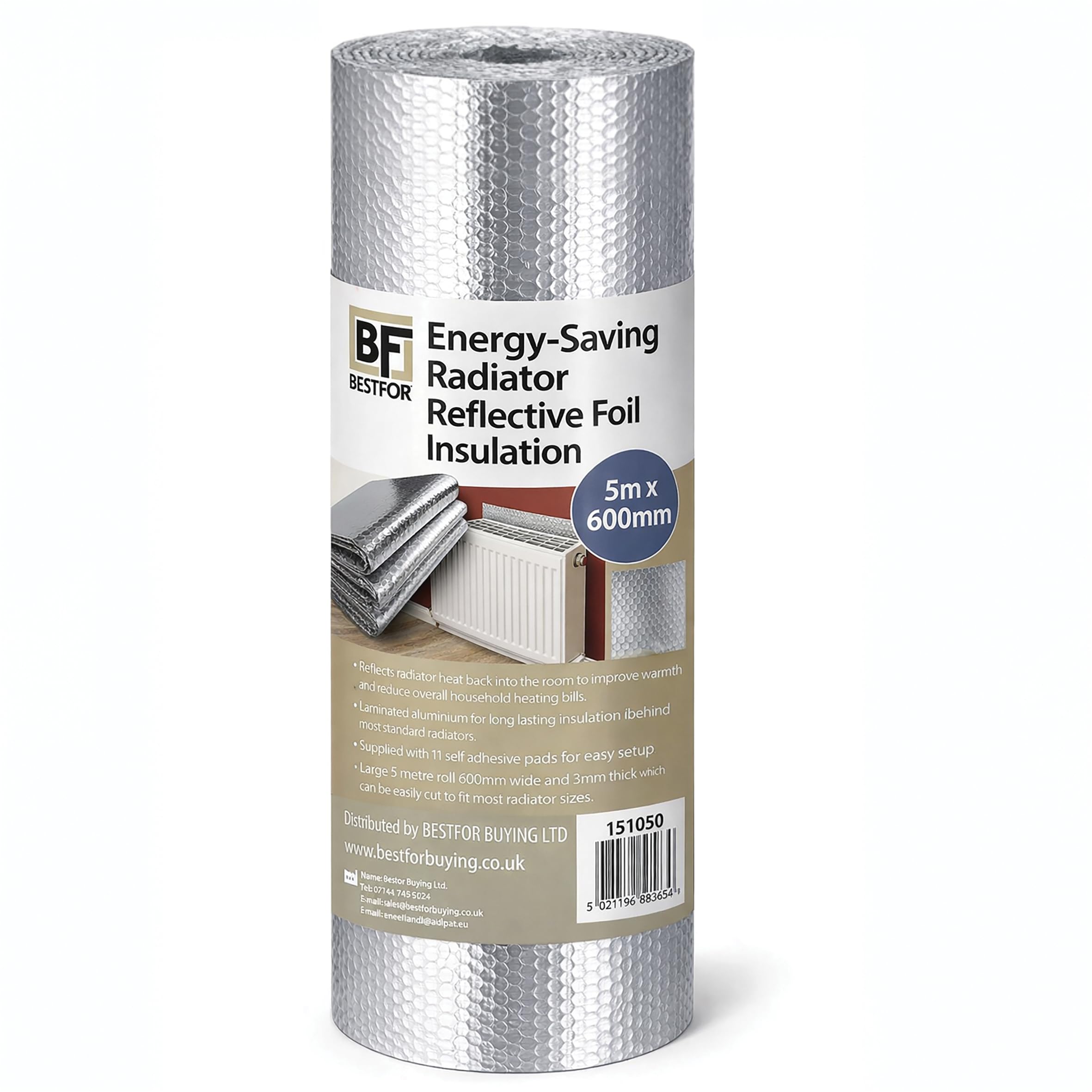Bestfor Silver Energy Saving Reflective Bubble Foil Insulation Roll 5M X 600Mm, 12 Adhesive Pads, For Radiators, Walls, Ceilings, Easy Install, Reduces Heat Loss Durable Safe No Maintenance Boost Heating Efficiency