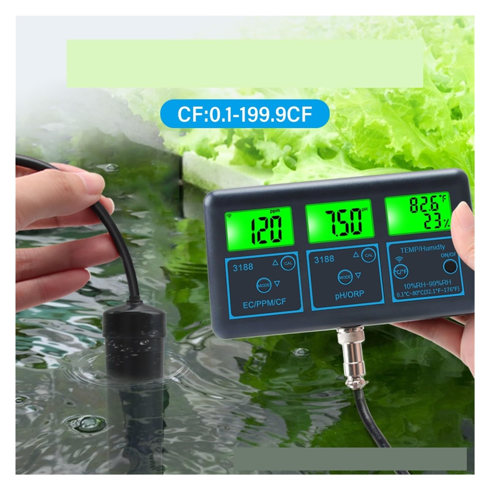 Tester TDS, Tester di qualità dell'Acqua 7 in 1 abilitato, Monitor Digitale Temperatura e umidità PH TDS ORP EC CF for Acquario