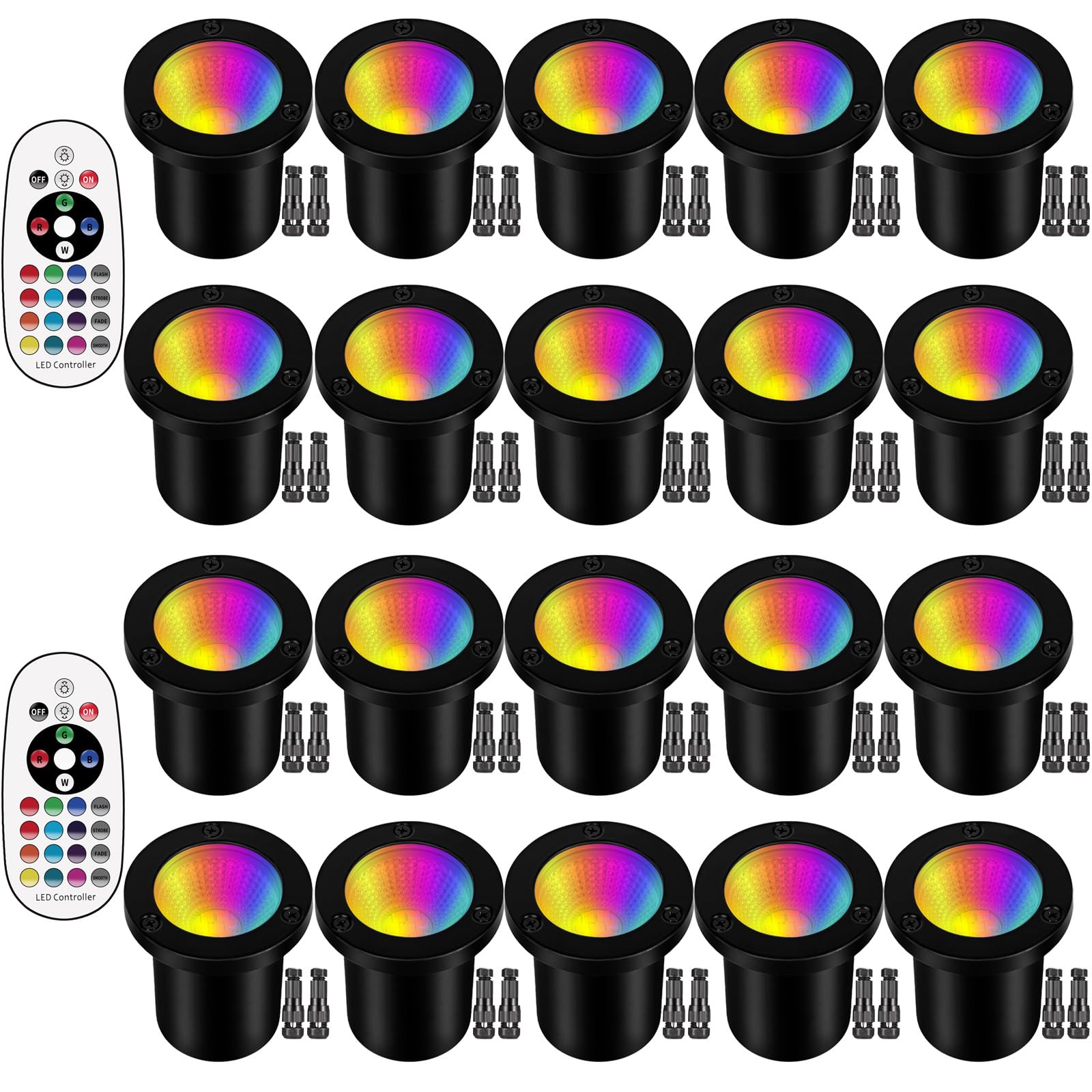Photo 1 of Motrackcao RGB Low Voltage Landscape Lights LED Color Changing Well Lights, Outdoor In Ground Light Waterproof Spotlights 12-24V Landscape Lighting for Yard Garden Pathway(20 Pack with Connectors)