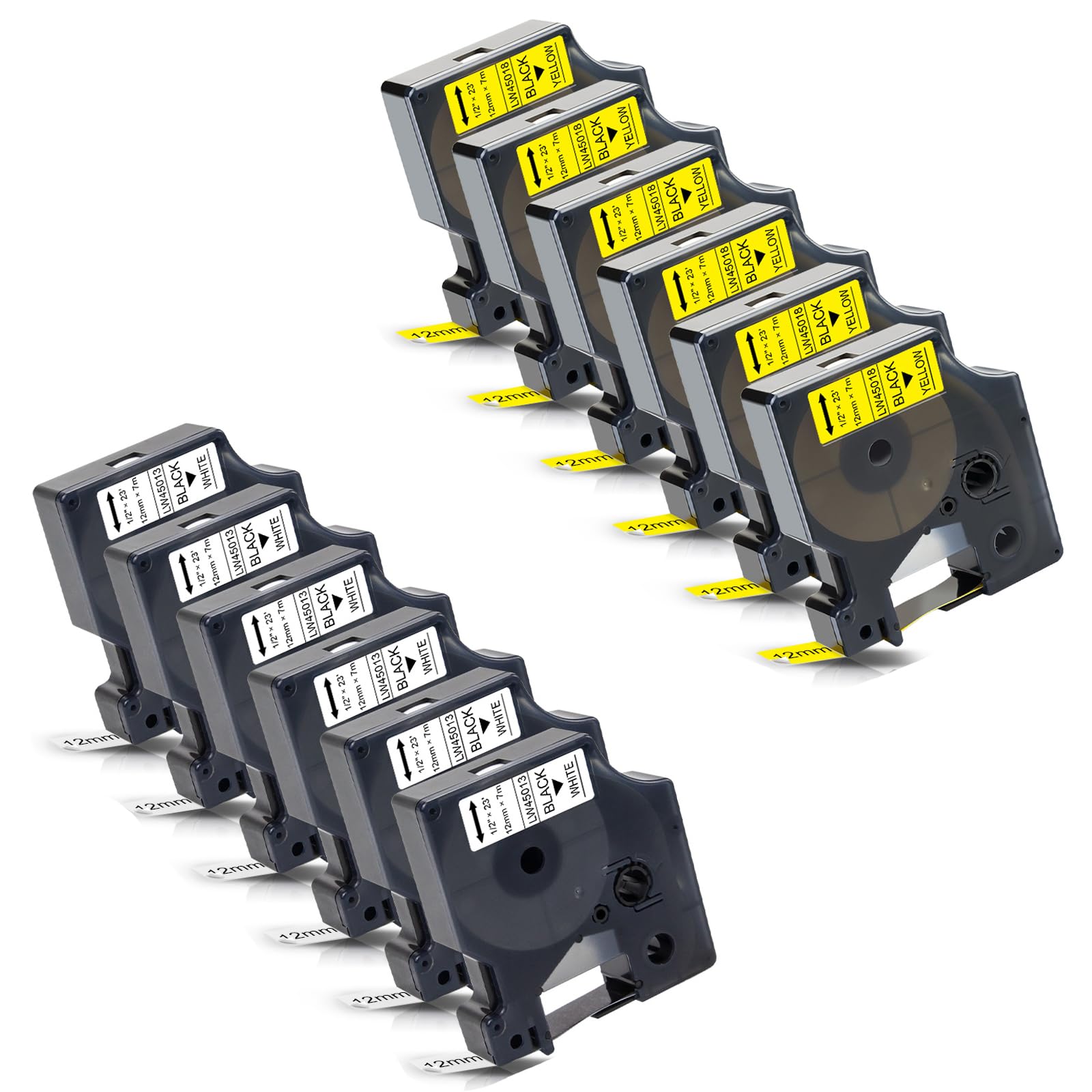 12-Pack Compatible Dymo D1 Label Tape 1/2 Replacement for 45013 45018 S0720530 Refills for LabelManager 160 280 210D 360D 420P 450P 450D 450DUO PnP Label Maker (Black on White + Yellow)