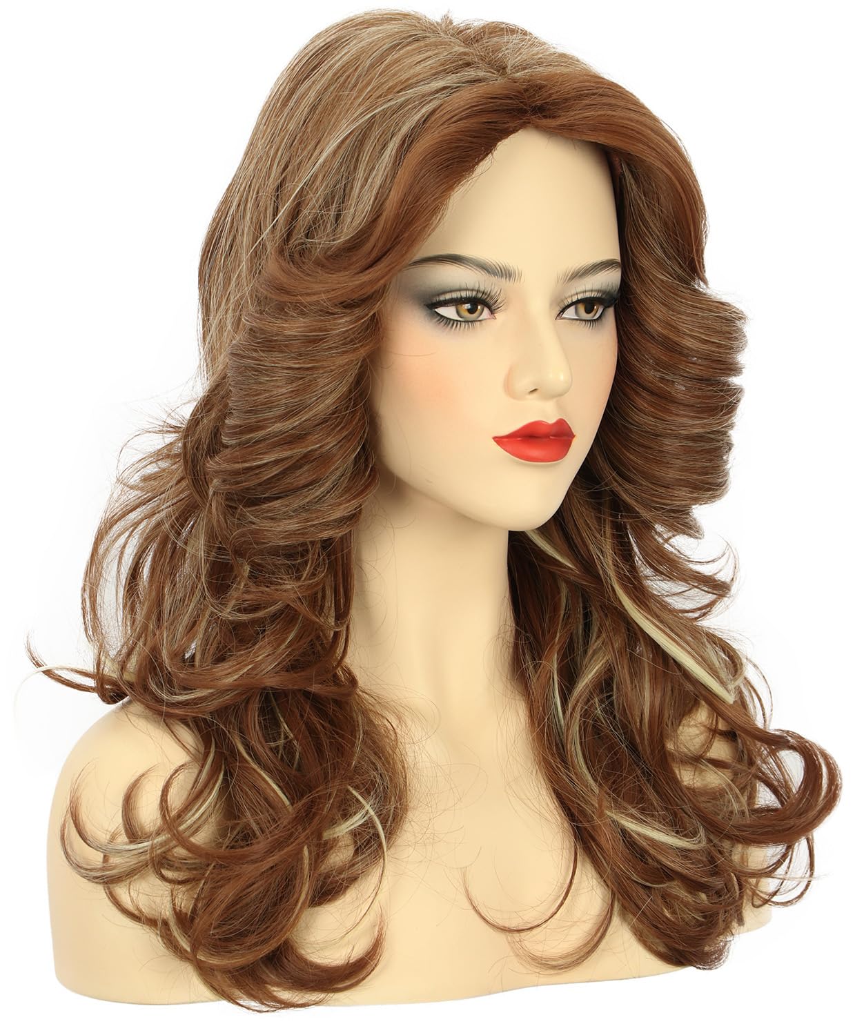 karlery Women 70s Feathered Long Brown Wave Wig Disco Singer Highlight Dyed Vintage Costume Wig for Party Fashion Accessory - Image 2