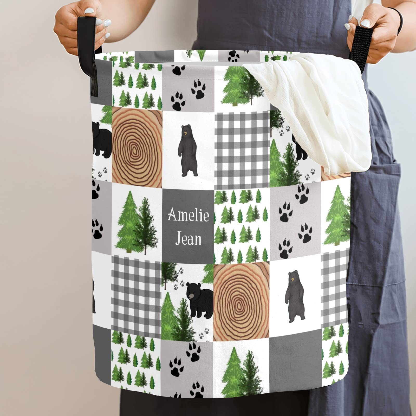 Woodland Forest Wild Bear Patchwork Storage Bin, Waterproof Oxford Fabric Clothes Basket Organizer for Laundry Hamper,Toy Bins,Gift Baskets, Bedroom, Clothes,Baby Nursery