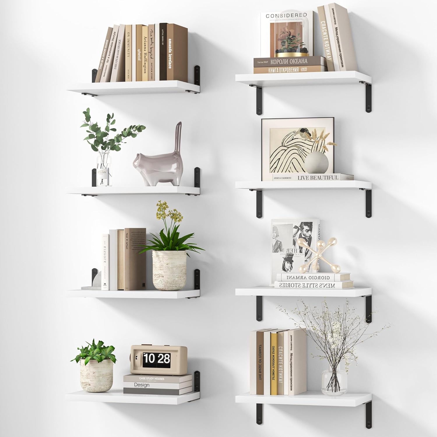 Marsmiles Extra Wide Floating Shelves for Wall, 16x8 Inch Natural Wood Grain Bookshelves, Heavy Duty Mounted Shelving for Bathroom, Kitchen, Living Room, Bedroom,Set of 8，White