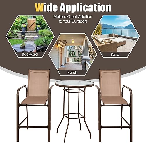 Miniatura 9 de Tangkula Juego de bar de patio al aire libre de 3 piezas, juego de bistró al aire libre con 2 taburetes de bar y 1 mesa de bar de vidrio templado,