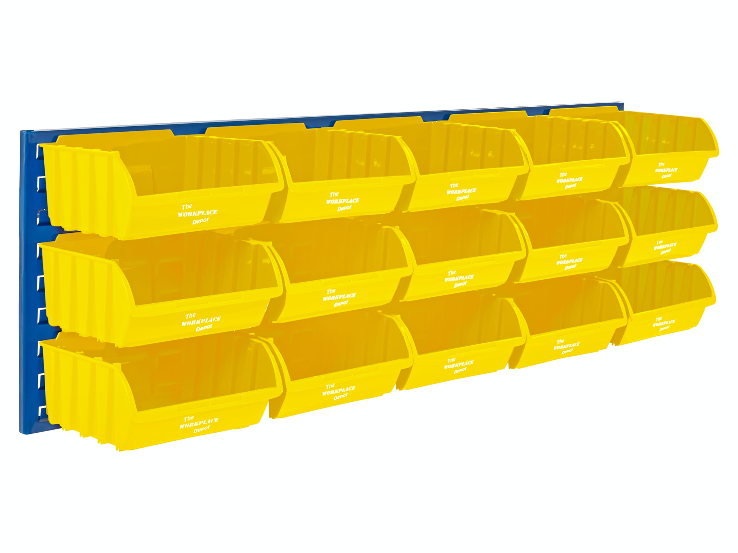 The Workplace Depot Louvre Panel & Bins Kit – Steel Wall-Mounted Storage Organiser 460(H) × 1490(W) mm with Plastic Bins – Ideal Workshop, Garage & Office (Yellow, with x15 Large Bins)