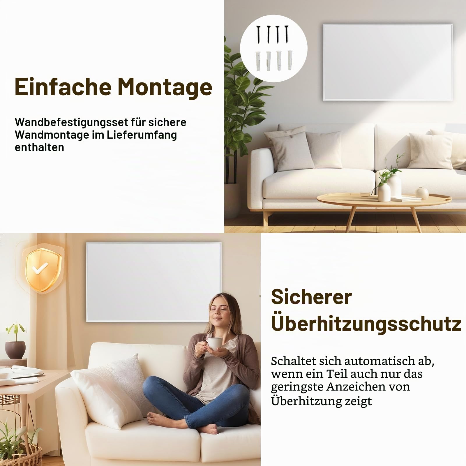 Infrarotheizung 800 Watt mit Smart Steuerung, Energiesparende Infrarot Wandheizung, Elektroheizung mit Uberhitzungsschutz, WLAN App-Steuerung mit Fernbedienung, TÜV.