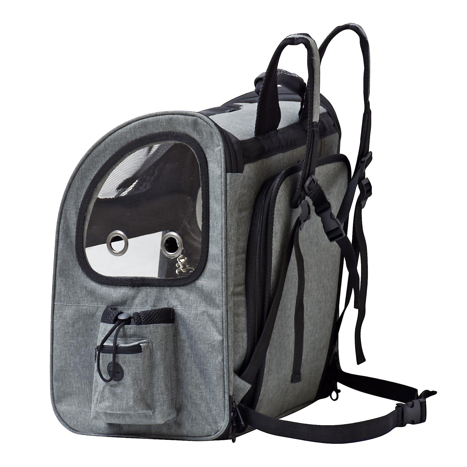 Fudajo Ausziehbarer Haustier Rucksack 27x35,5x41,5 cm bis 6kg, Hunderucksack, Katzenrucksack mit Netz und Fenstern, Schwarz und Grau