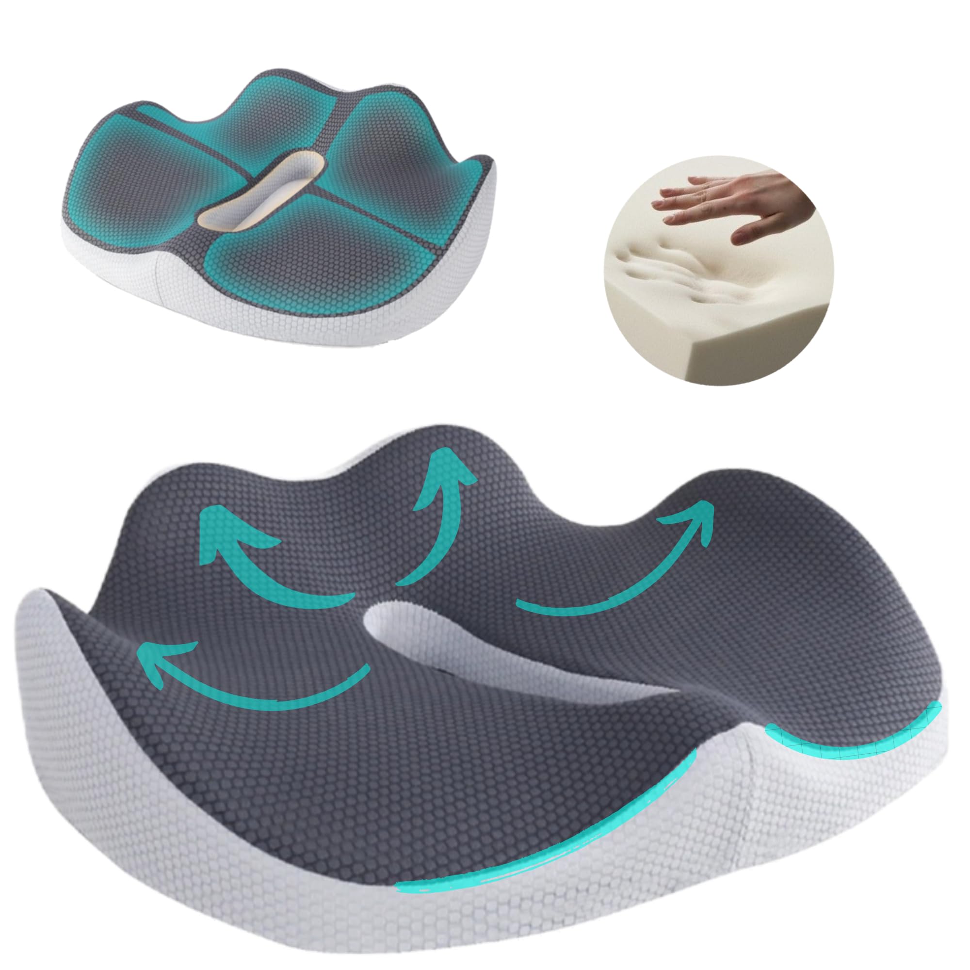 Cojin Silla Oficina Y Cojin Coxis | Viscoelastico con Diseño Ergonomico Cojin Asiento Coche | Alivio De Dolor En Espalda Y Coxis | Base Antideslizante Y Funda Lavable