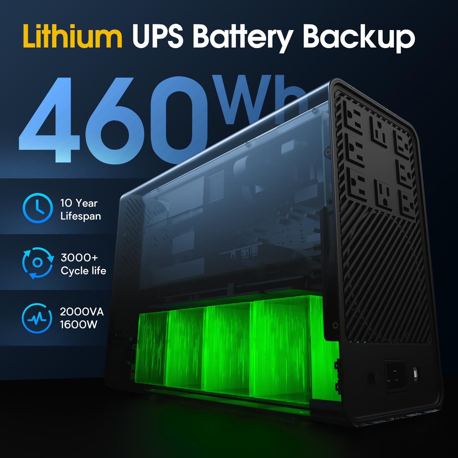 GOLDENMATE 2000 VA/1600 W, protección contra sobretensiones y batería de Litio para UPS, batería de Repuesto con baterías LiFePO4 (460 WH), AVR, Sistema USV Interactivo