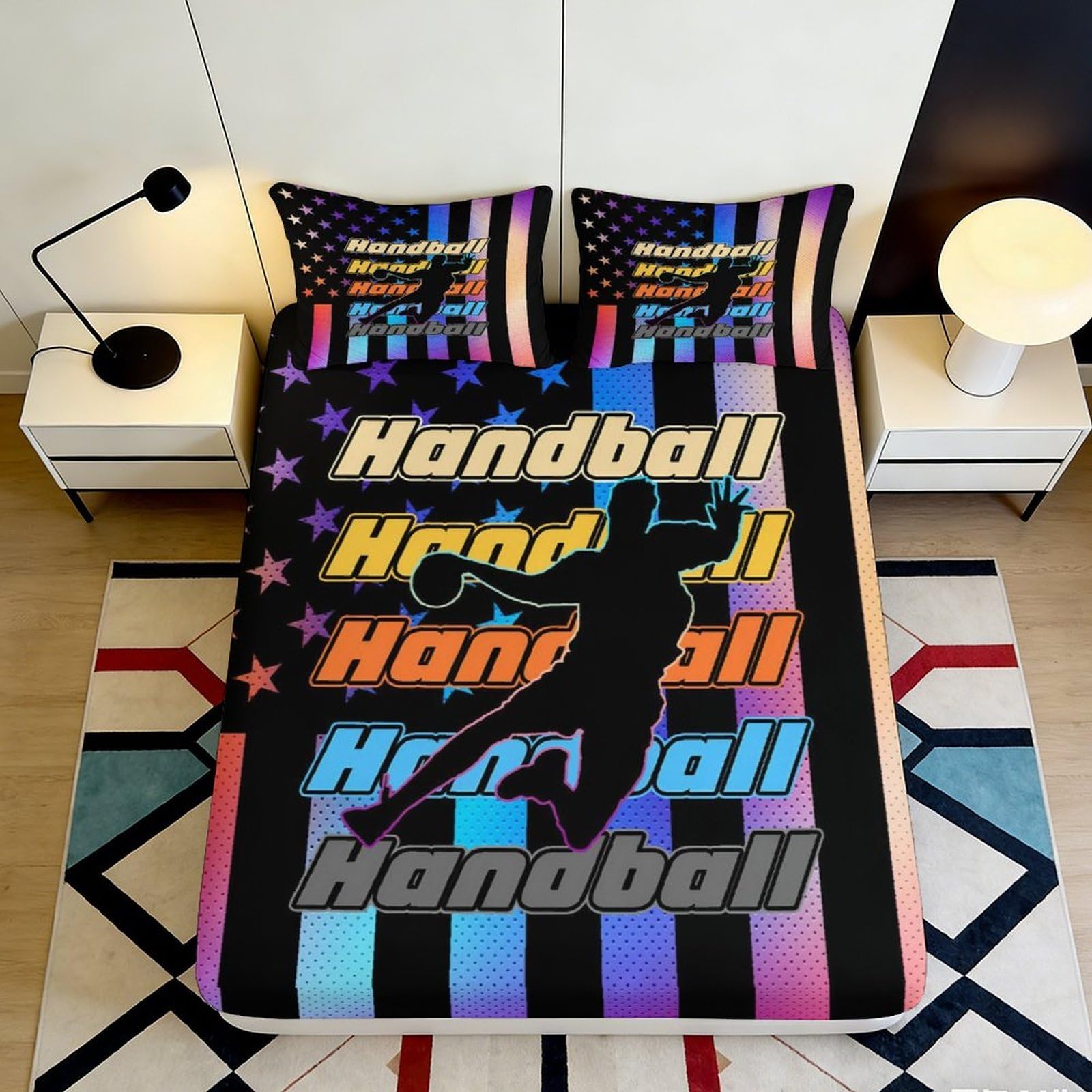 3D Printed Handball Graphic Fitted Sheet Microfiber Soft Colourful Bed Cover for Bedroom Guest Room Decor 90x200x25cm