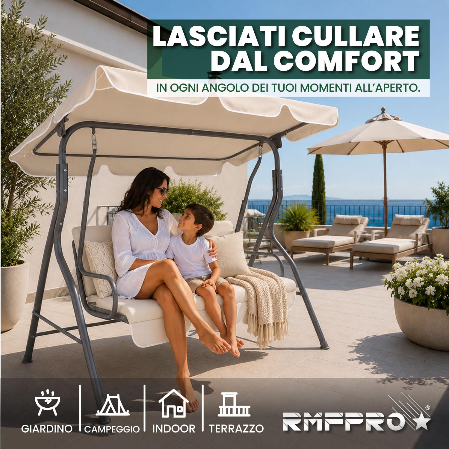 Dondolo da Giardino 3 Posti con Tetto Parasole Regolabile, Dondolo da Esterno con Struttura in Acciaio Resistente - Tessuto Impermeabile da Campeggio e Spazi Esterni 170x110x153 cm Beige