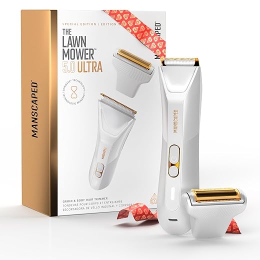 MANSCAPED® The Lawn Mower® 5.0 Ultra Men's & Women's Groin & Body Hair Trimmer – Dual-Head SkinSafe® Trimmer & Foil Blades, Waterproof Wet/Dry Groomer, USB-C Rechargeable with Travel Case, White