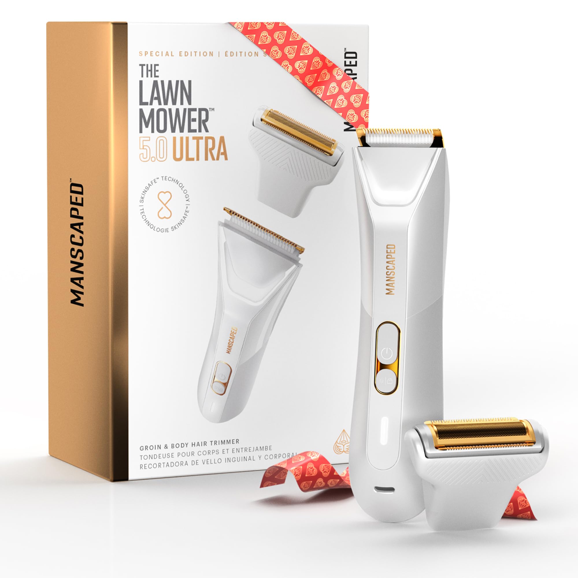 MANSCAPED® The Lawn Mower® 5.0 ULTRA Men's & Women's Groin & Body Hair Trimmer – Dual-Head SkinSafe® Trimmer & Foil Blades, Waterproof Wet/Dry Groomer, USB-C Rechargeable with Travel Case, White