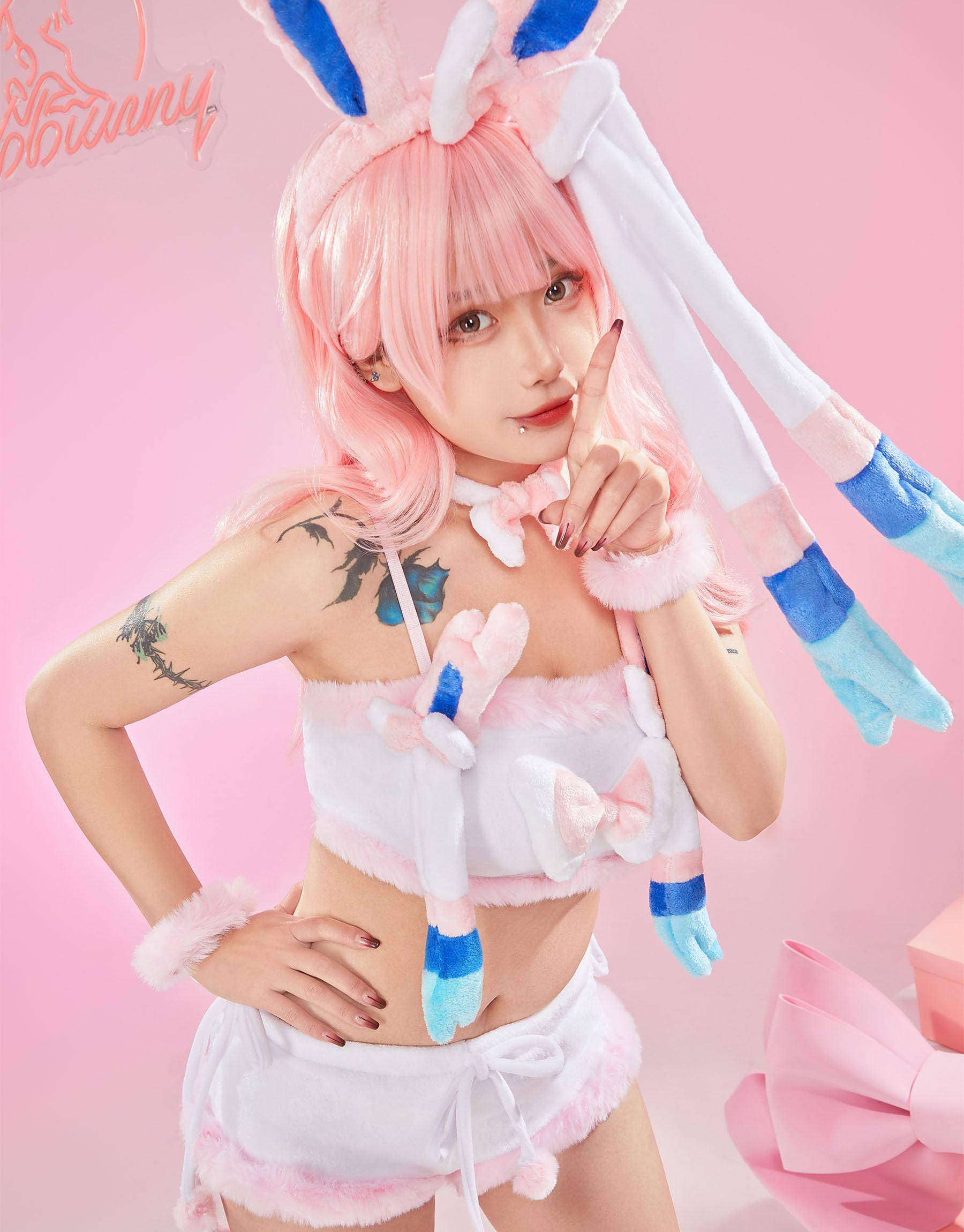 Mobbunny Women Cute Pajamas Set Pink Furry Tube Top and Shorts Anime Cosplay Homewear Sleepwear