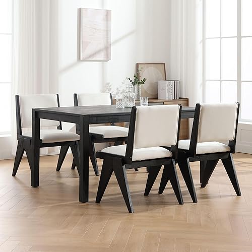 Miniatura 9 de Juego de 2 sillas de comedor tapizadas de lino con patas de madera, modernas sillas de comedor acolchadas de mediados de siglo para cocina