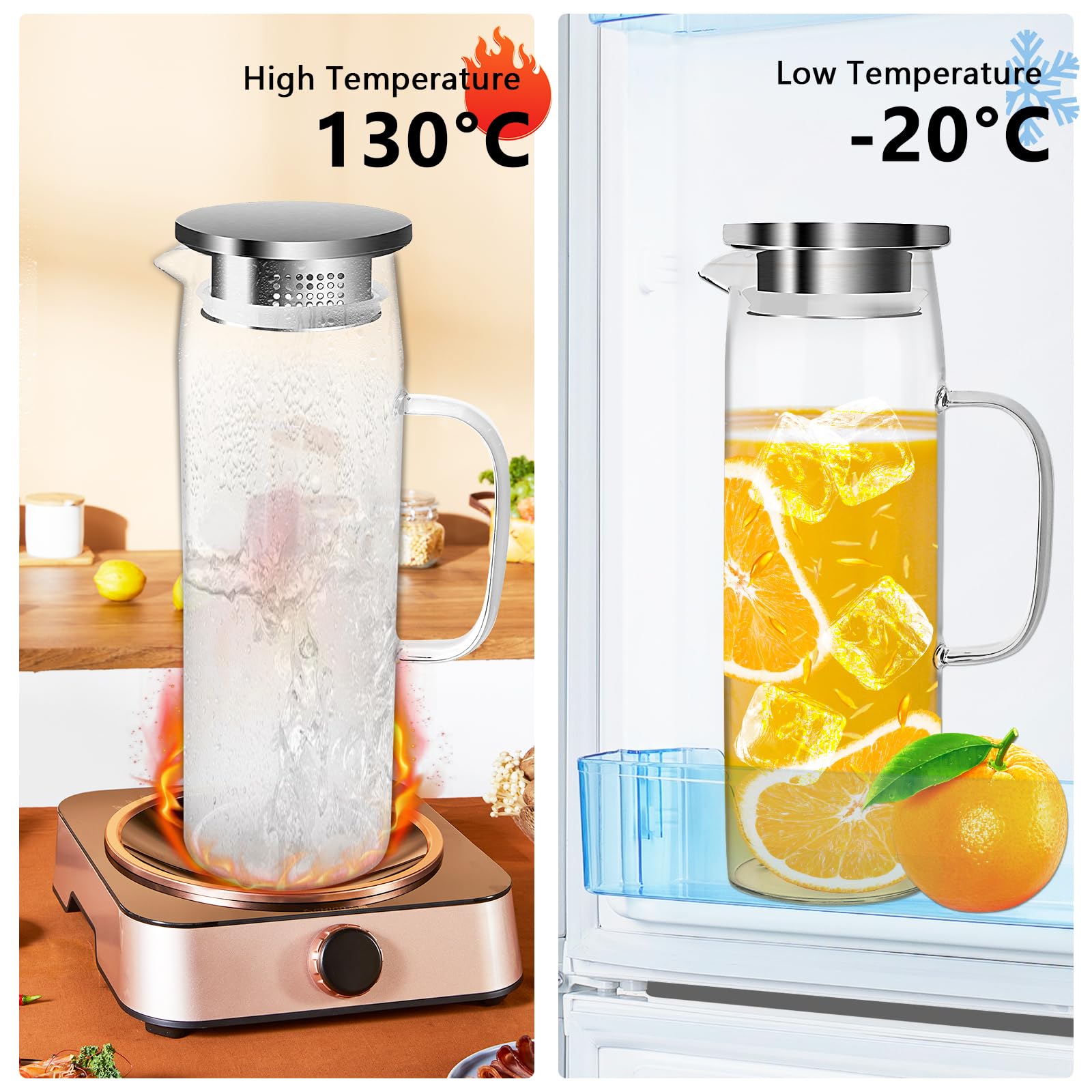 Szklana karafka z pokrywką, 1,5 litra, ze szkła borokrzemowego, odporna na wysokie temperatury, do zimnej lub gorącej wody, szklany dzbanek do napojów, soków, herbaty, mleka, szklanej karafki