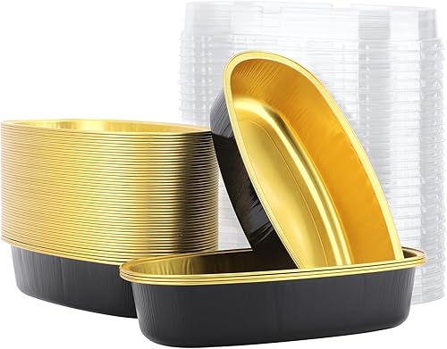 Beasea Mini moldes para pan con tapas, 6 pulgadas, paquete de 50 moldes ovalados ovalados para hornear, color negro y dorado, desechables con tapas,